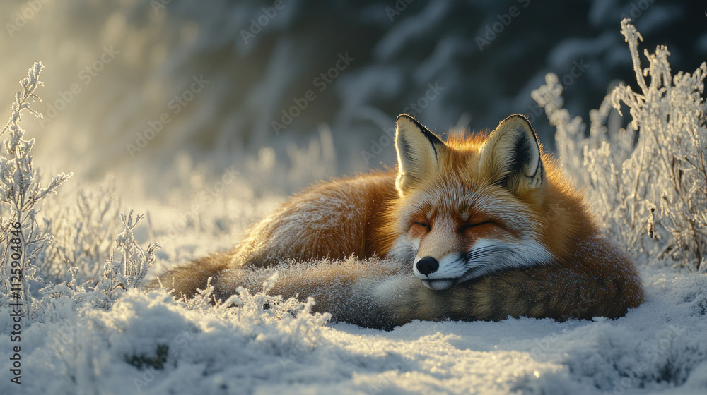 Obraz premium A red fox curled up asleep in a snowy meadow, framed by frost-covered trees
