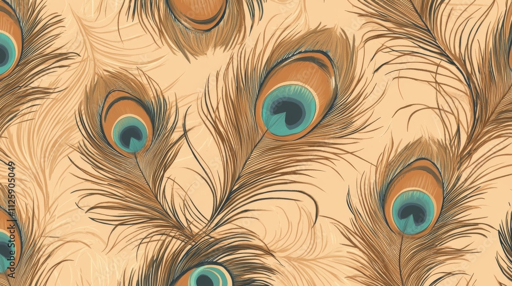 Obraz premium 61.Seamless abstract pattern featuring simple, stylized peacock feathers in a soft summer brown color scheme; the feather motifs are arranged on a warm, earthy background, creating an elegant yet