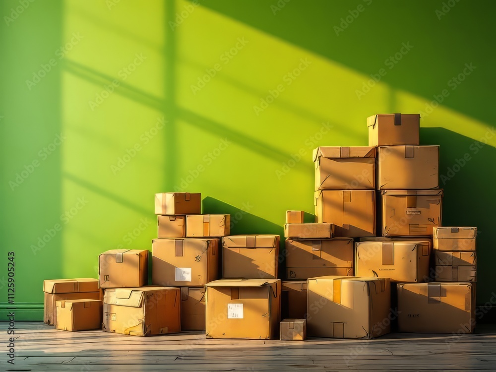 Low light, close-up shot of a cardboard recycling stack. Low light, close-up shot of a cardboard recycling stack.