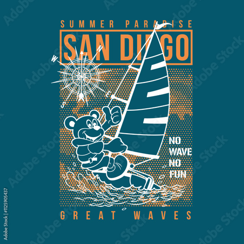 Freestyle Sports kite surfing with bear, Vector Graphic Illustration