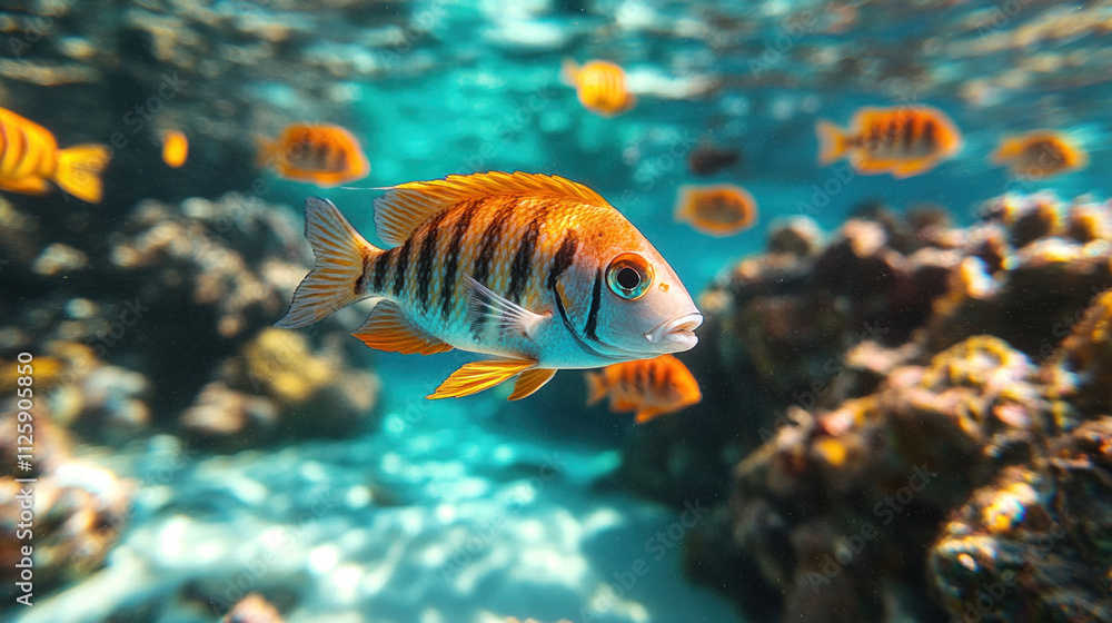 Naklejka premium A school of tropical fish darting through coral reefs in crystal-clear ocean water