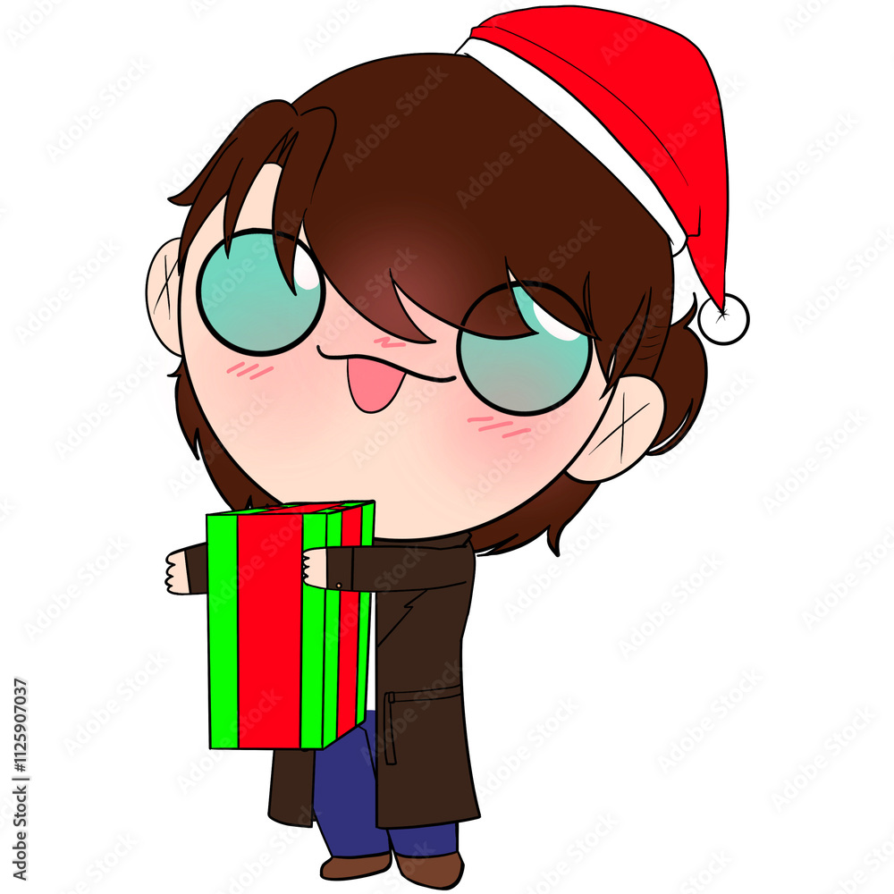 A cartoon character wearing a Santa hat and holding a green and red gift box A cartoon character wearing a Santa hat and holding a green and red gift box