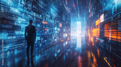 Wallpaper Mural Digital landscape displays data streams while a figure observes in a corporate environment Torontodigital.ca