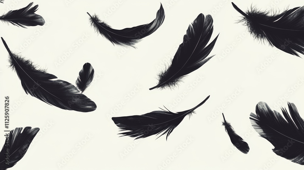 84.Black feathers with fragmented edges floating freely against a white background, detailed with soft textures and delicate barbs; the feathers appear weightless, their broken ends adding a sense of 84.Black feathers with fragmented edges floating freely against a white background, detailed with soft textures and delicate barbs; the feathers appear weightless, their broken ends adding a sense of