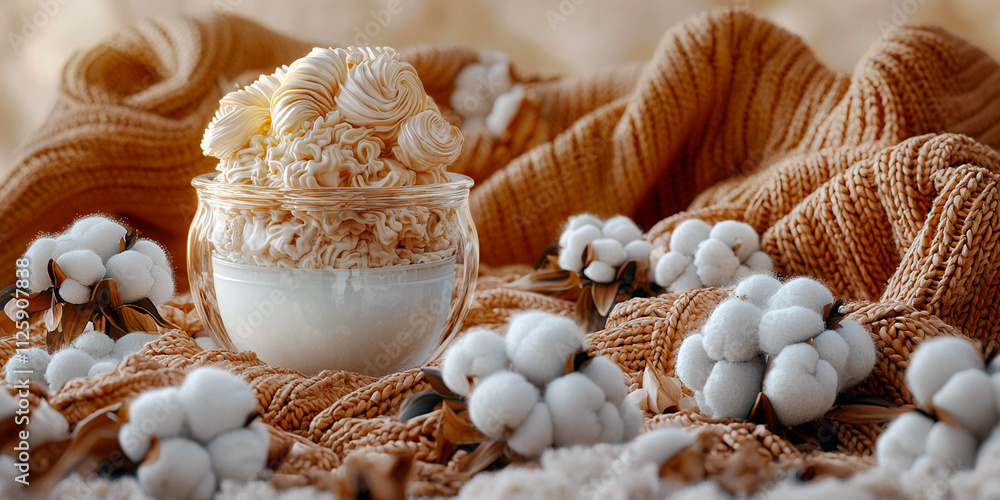 A bowl of whipped cream sits on a table next to a pile of cotton balls. The scene is cozy and inviting, with the whipped cream and cotton balls creating a sense of comfort and warmth A bowl of whipped cream sits on a table next to a pile of cotton balls. The scene is cozy and inviting, with the whipped cream and cotton balls creating a sense of comfort and warmth