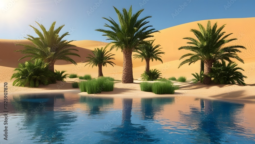Fototapeta premium Desert Haven: A Refreshing Sanctuary Amidst Sunlit Sands and Tropical Greens