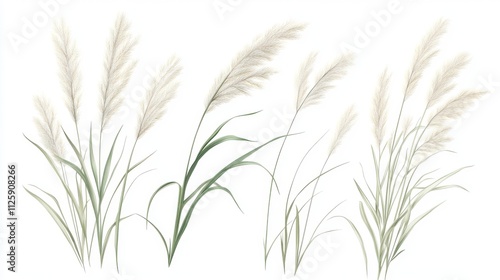 87.Isolated set of Argentine needle-grass with finely textured leaves, shown in high detail with its slender, arching blades; the grass appears feathery and light, giving an impression of gentle