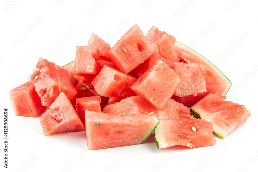 Pile of cubed watermelon on white. Refreshing summer food concept. Suitable for food blogs, healthy eating posts, or fruit advertisements Pile of cubed watermelon on white. Refreshing summer food concept. Suitable for food blogs, healthy eating posts, or fruit advertisements
