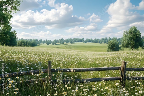 A serene landscape featuring a flower-filled meadow and wooden fence under a blue sky.