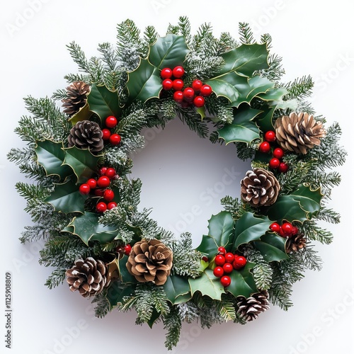 Christmas Wreath Holiday Decoration, Isolated Festive Object, Pinecones Holly Berries Garland on White Background