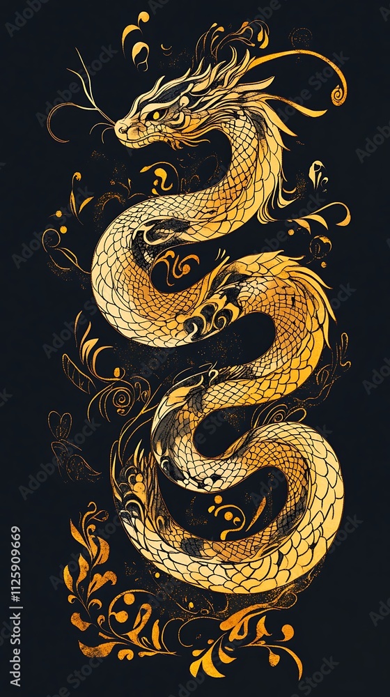 Golden dragon entwined with ornate floral designs on a dark background. Golden dragon entwined with ornate floral designs on a dark background.