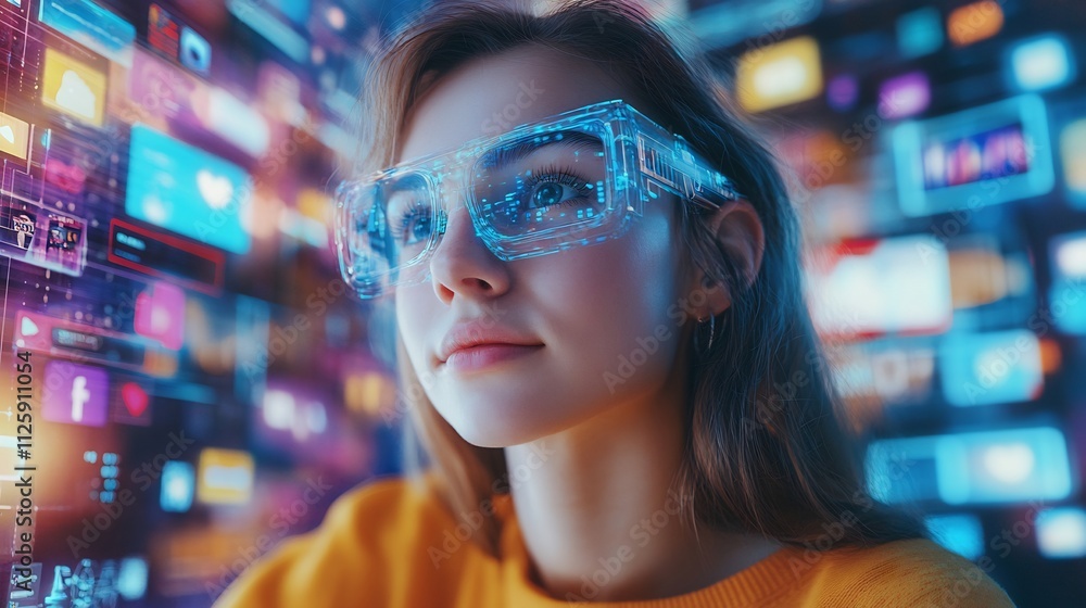 Captivating Caucasian Woman Immersed in Cybernetic Realm of Virtual Interfaces and Digital Entertainment Captivating Caucasian Woman Immersed in Cybernetic Realm of Virtual Interfaces and Digital Entertainment