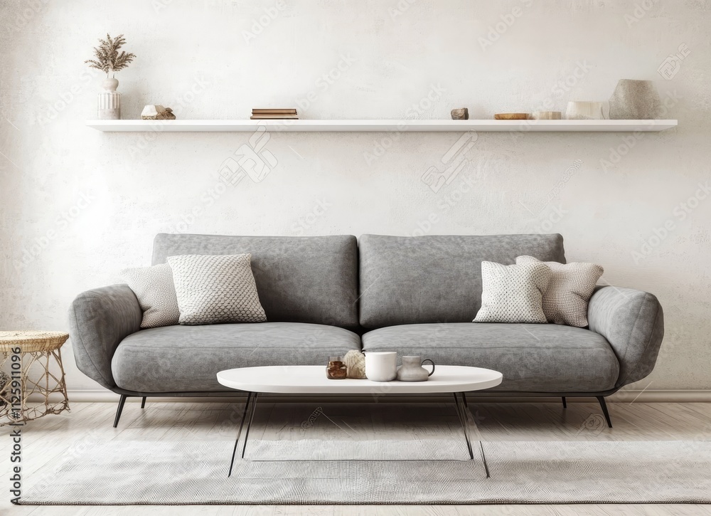 Grey sofa, coffee table, and shelf in minimalist living room. Grey sofa, coffee table, and shelf in minimalist living room.