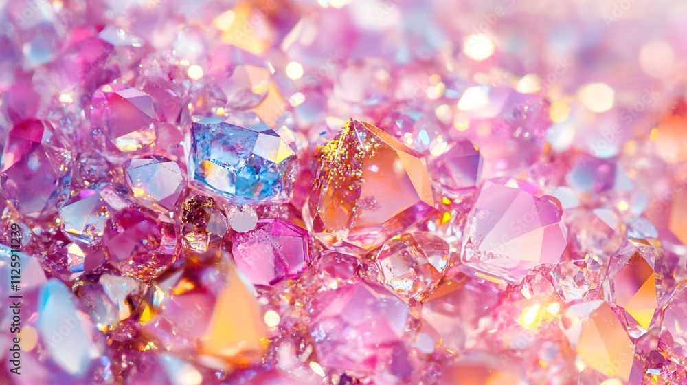 Colorful crystals shimmering under soft light in a serene setting Colorful crystals shimmering under soft light in a serene setting