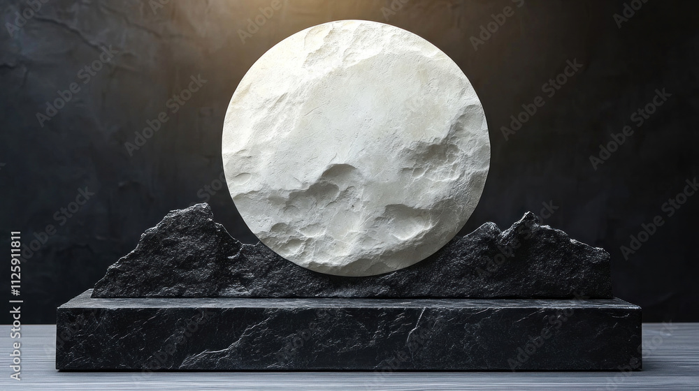 Minimalist background with a bold white circle on a textured black surface Minimalist background with a bold white circle on a textured black surface