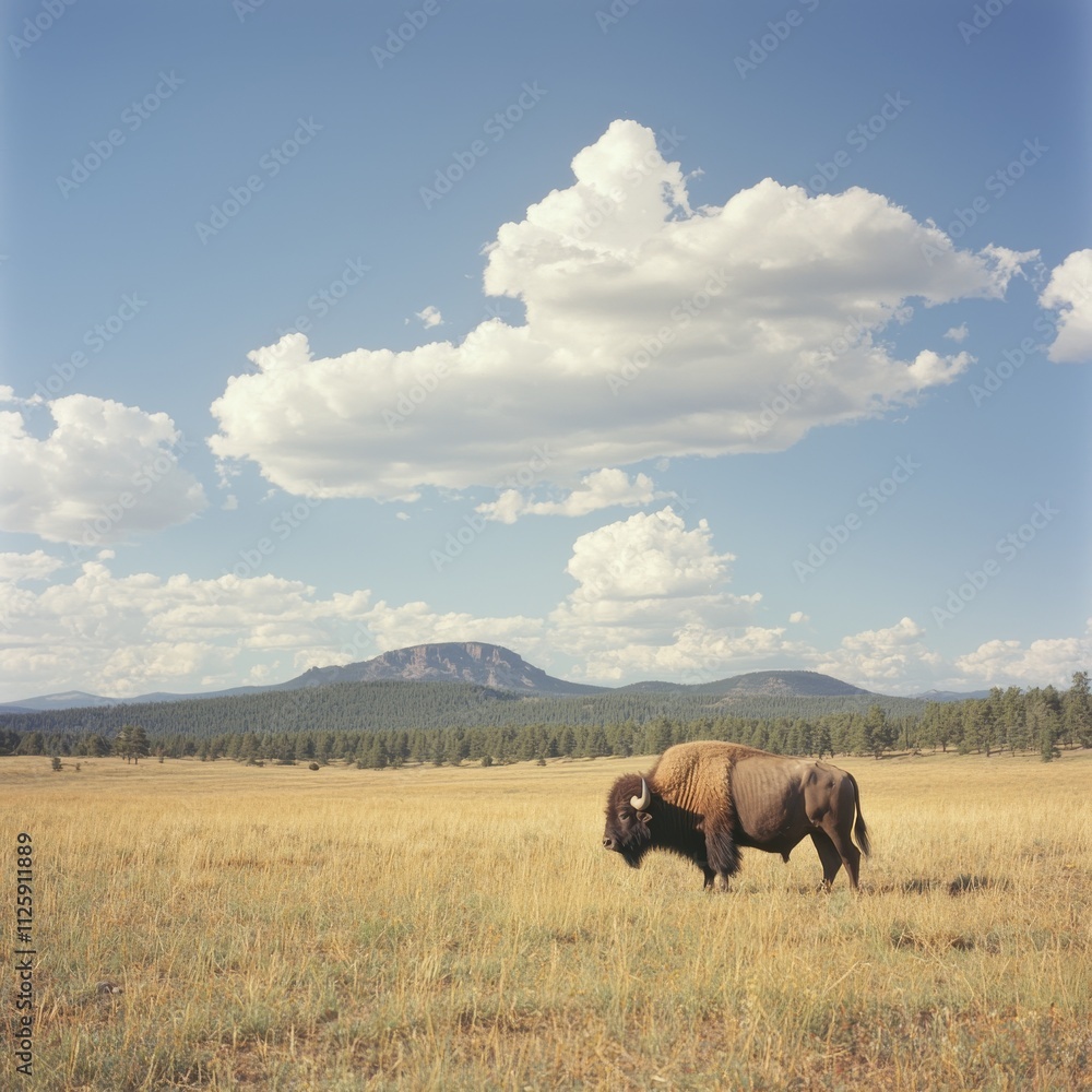 Bison Grazing in a Sunny Meadow Landscape Bison Grazing in a Sunny Meadow Landscape