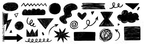 Pencil crayon brush line stroke. Brush crayon pencil chalk texture effect doodle shape. Vector hand drawn marker stroke background set of abstract design graphic figure. Vector illustration