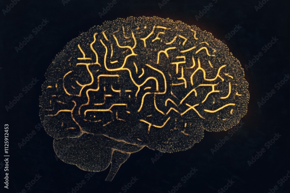A brain structure intricately shaped like a labyrinth, featuring illuminated pathways against a black backdrop, perfect for adding text. Generative AI A brain structure intricately shaped like a labyrinth, featuring illuminated pathways against a black backdrop, perfect for adding text. Generative AI