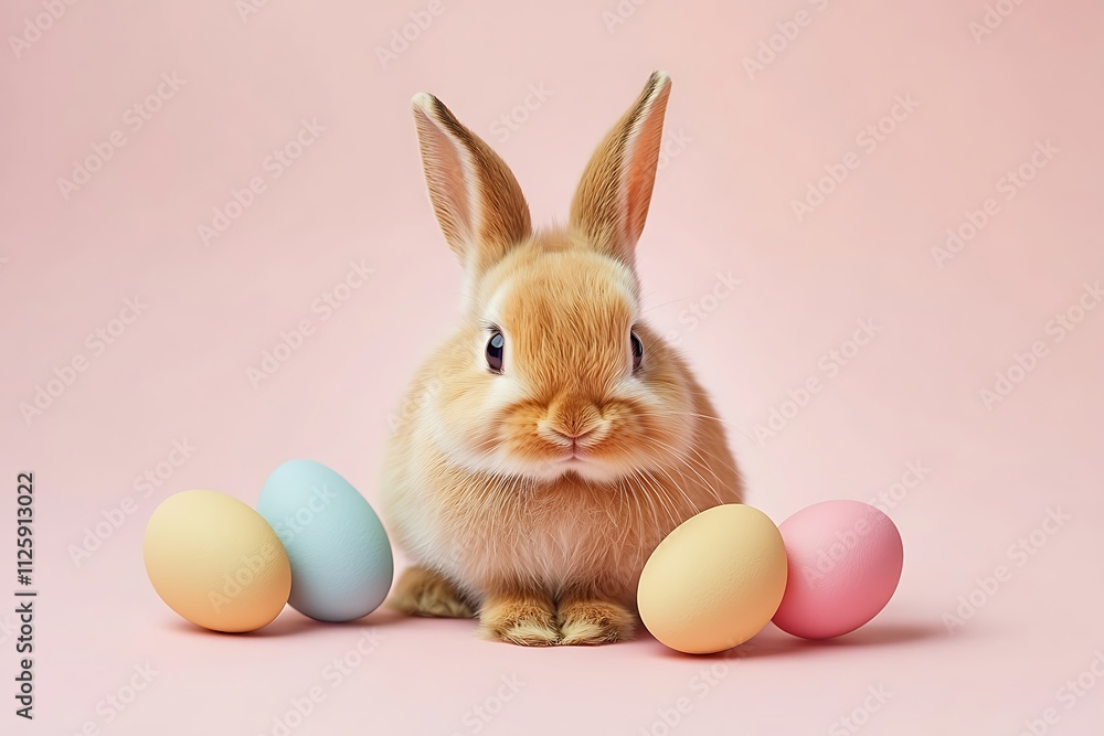 Fototapeta premium Cute easter bunny with pastel-colored eggs in a festive spring setting against a pink backdrop