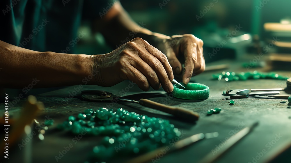 Obraz premium Hands working on crafting a green jewelry piece surrounded by tools and materials.