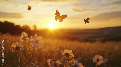 Wallpaper Mural butterflies flying over a field of flowers at sunset Torontodigital.ca