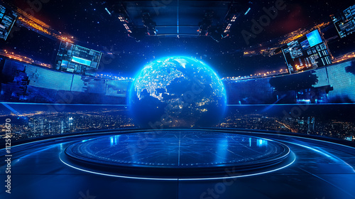 A global earth rotating, set in a digital news studio backdrop for news reports and breaking news.