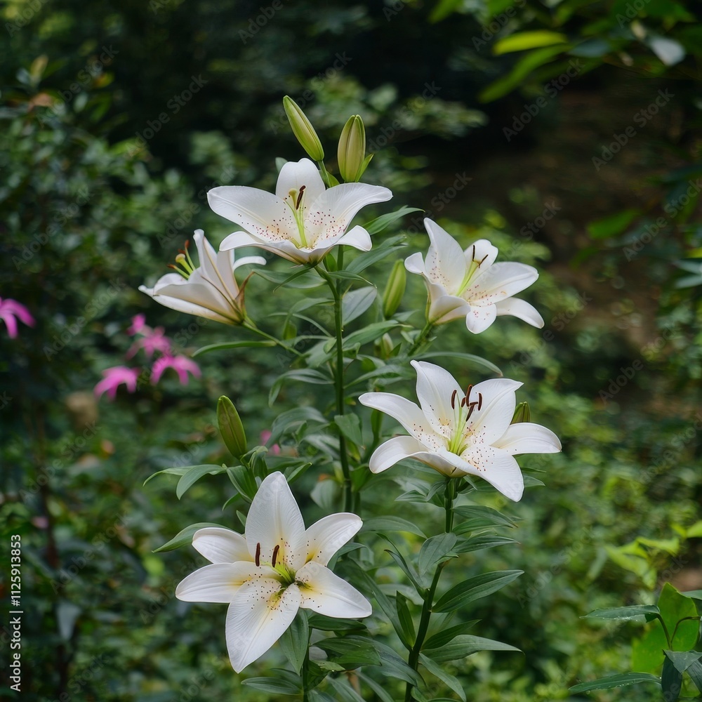 Obraz premium Elegant White Lilies Blooming in Garden