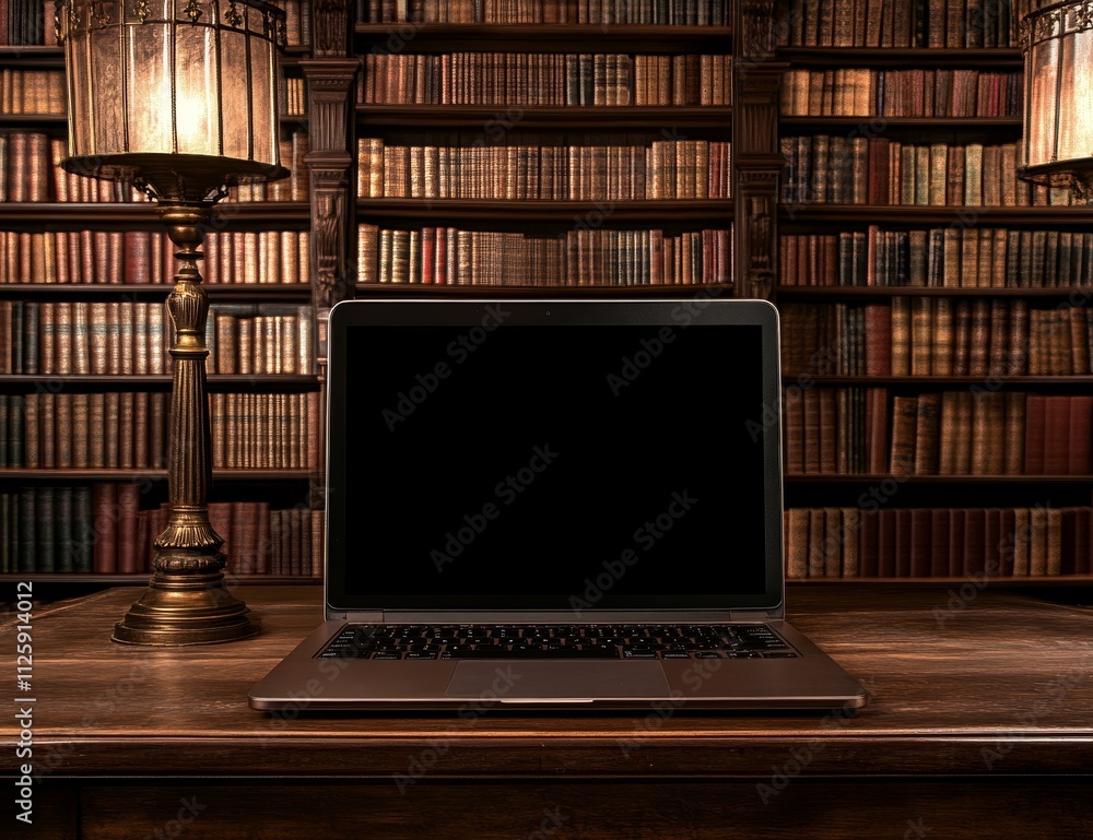 Laptop with blank screen on wooden desk in antique library. Laptop with blank screen on wooden desk in antique library.