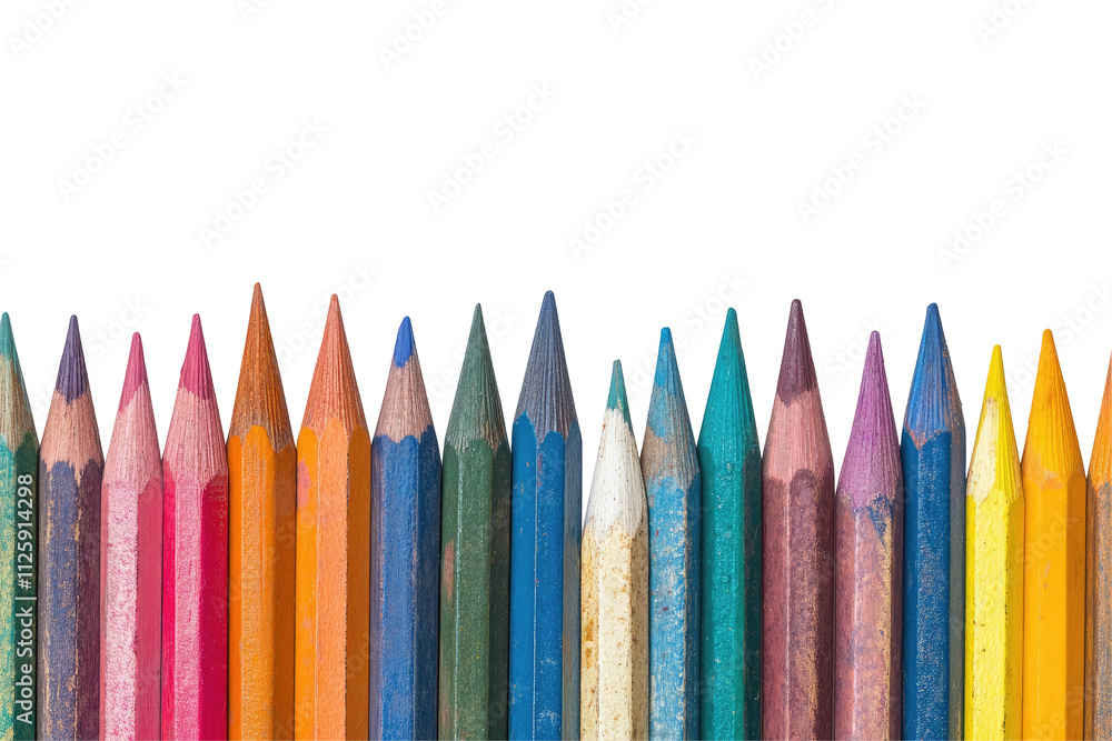 Colorful crayons arranged in rows isolated on a transparent white background, front view Colorful crayons arranged in rows isolated on a transparent white background, front view