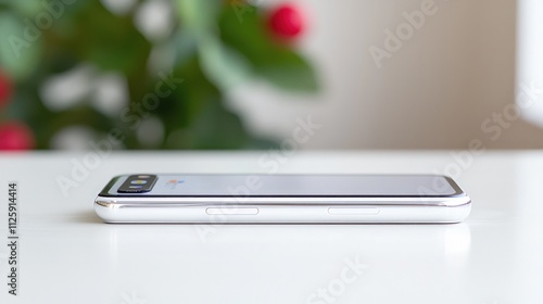 Side view of a modern smartphone on a white table.
