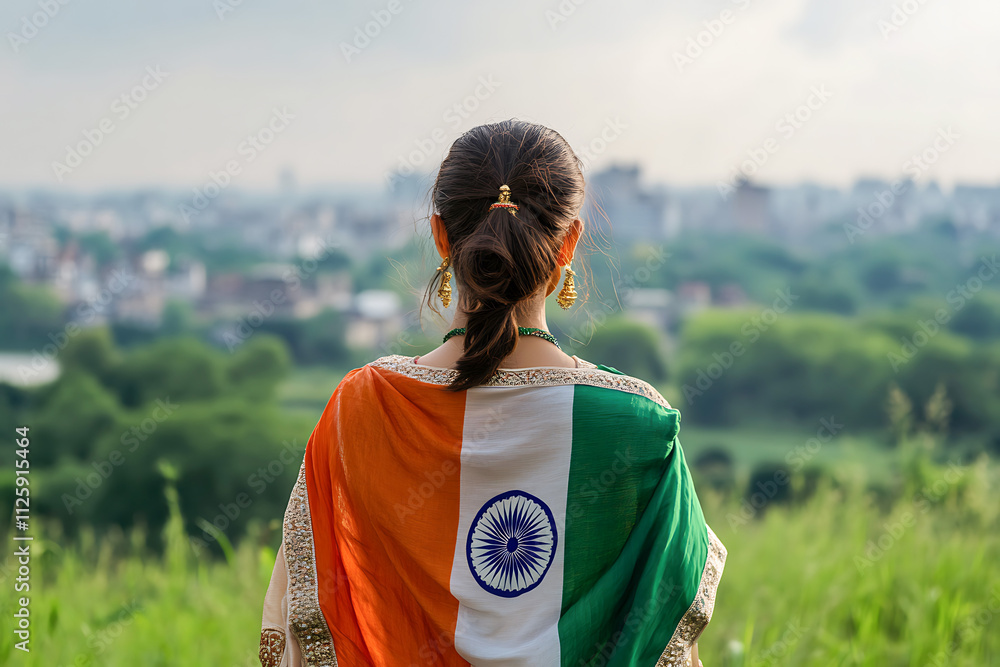Naklejka premium Indian woman wearing national flag looks out at city skyline at sunset in contemplation