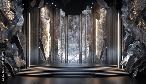 Silver black metalic ceremony award stage venue background. 3d stage background. Elegant venue concept.
