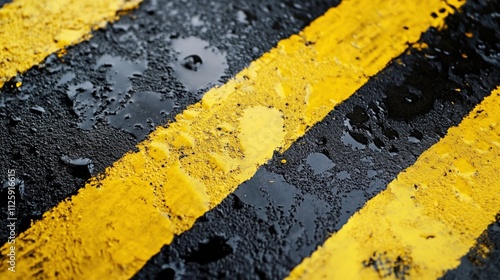 wet pavement with yellow stripes photo