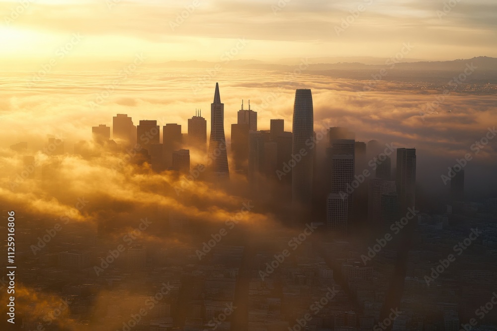 aerial view of a city skyline at sunrise with fog aerial view of a city skyline at sunrise with fog