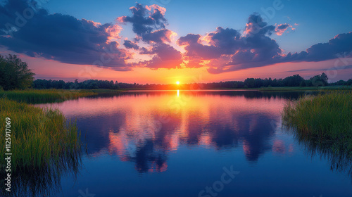 Fototapeta Naklejka Na Ścianę i Meble -  Nature background showcasing a serene lake reflecting the vivid colors of a sunset