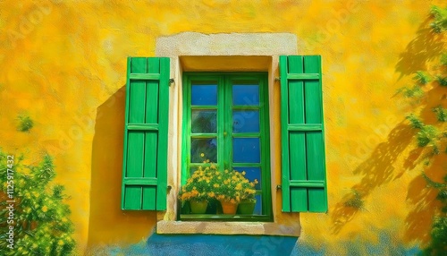 Green window on yellow wall.Generated image