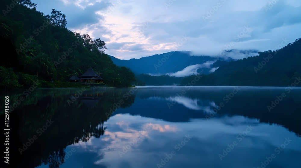 Serene lakeside hut at dawn, misty mountains reflecting in calm water. Serene lakeside hut at dawn, misty mountains reflecting in calm water.