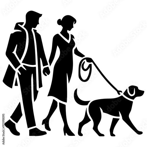 silhouette couple walking dog leash Concept. Couple walking a dog, enjoying a leisurely outdoor activity together.
