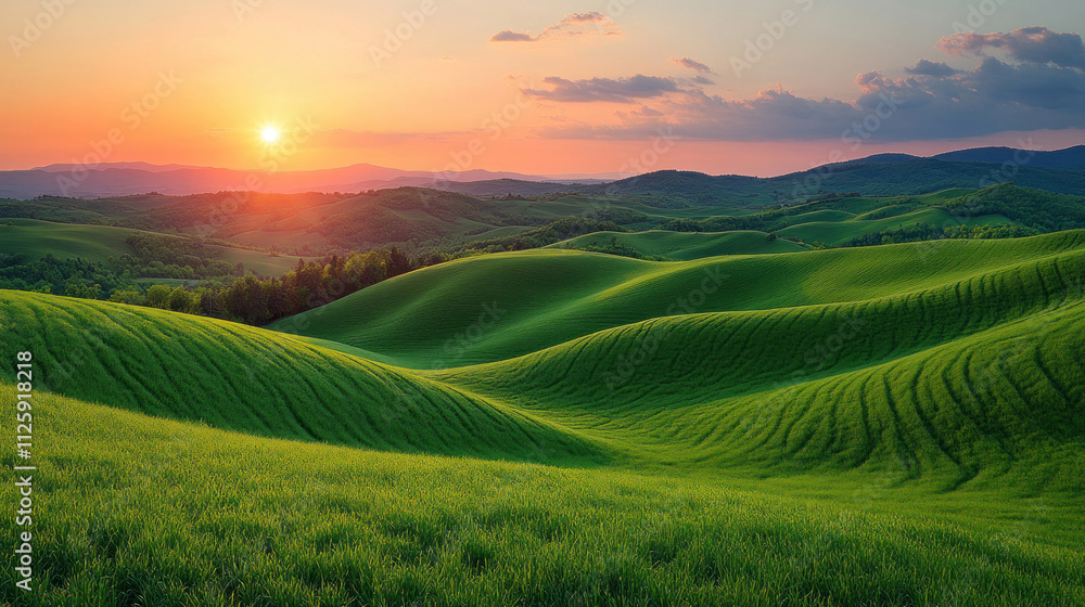 Obraz premium Nature background with rolling green hills under a vibrant sunrise