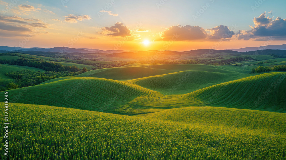 Obraz premium Nature background with rolling green hills under a vibrant sunrise