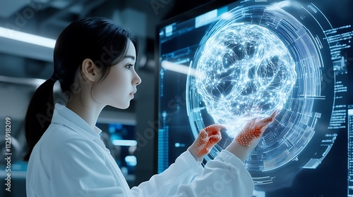 Scientist Interacting with Holographic Global Network in Modern Lab AI Generated