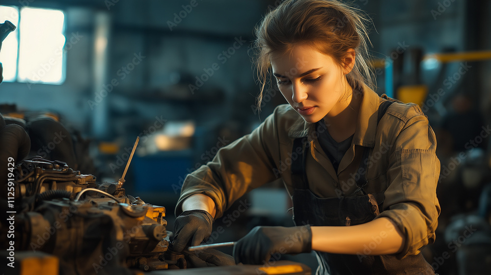 Female mechanic working on machinery in an industrial workshop Female mechanic working on machinery in an industrial workshop