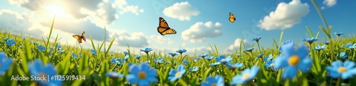 360 degree image, Beautiful summer or spring meadow with blue flowers of forget-me-not and two flying butterflies. Wild nature landscape, 360 degree photo.