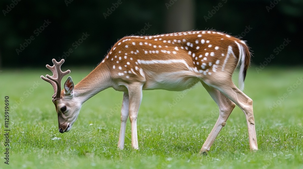 Young spotted deer grazing on lush green grass in a serene outdoor environment, showcasing delicate features and antlers in a natural habitat for wildlife photography. Young spotted deer grazing on lush green grass in a serene outdoor environment, showcasing delicate features and antlers in a natural habitat for wildlife photography.