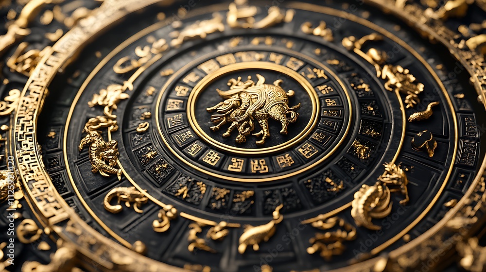 Close-up of an ornate circular zodiac design featuring twelve animals in gold on a black background. Close-up of an ornate circular zodiac design featuring twelve animals in gold on a black background.