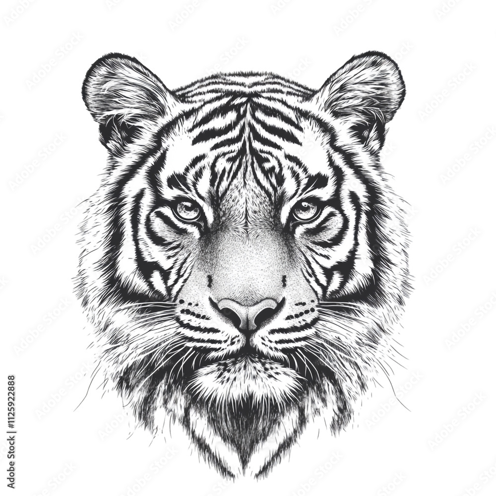Majestic White Tiger Portrait: A Striking Black and White Illustration Majestic White Tiger Portrait: A Striking Black and White Illustration