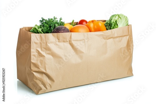 Fresh produce overflowing from a brown paper grocery bag on white background. photo