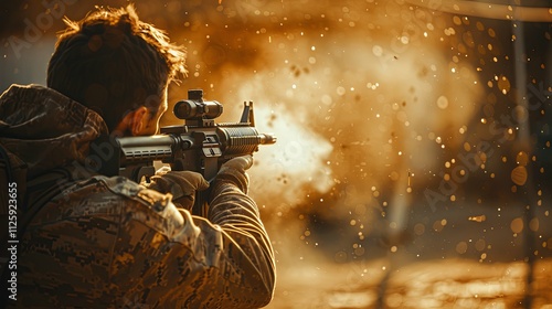 Soldier in camouflage firing an AR-15 rifle, muzzle flash visible.