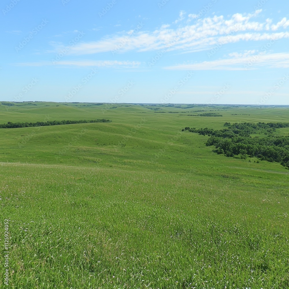Fototapeta premium Undulating Green Prairie Landscape Under Blue Sky