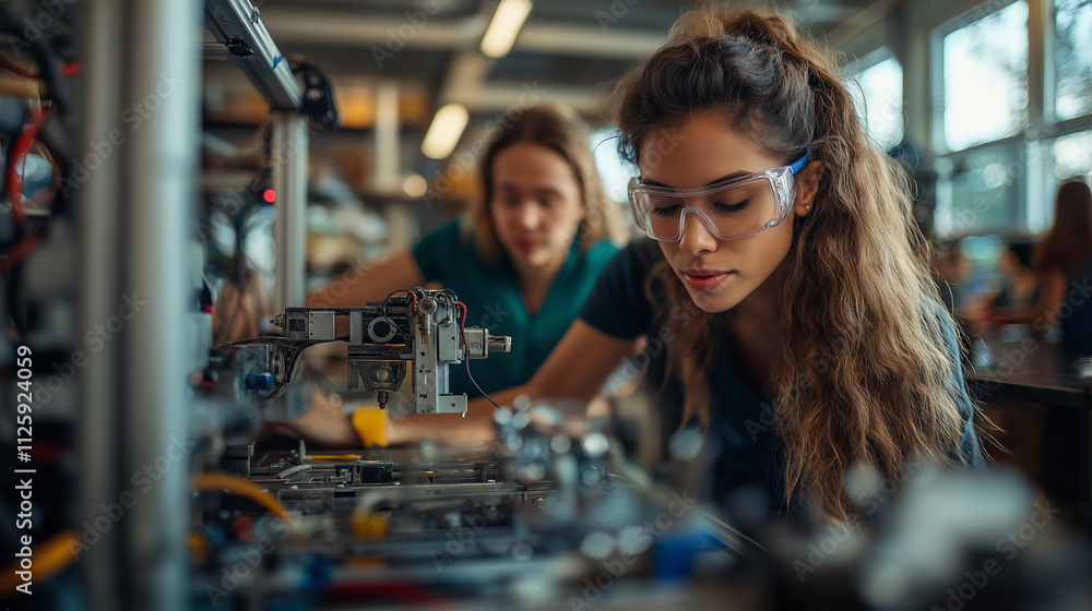 Young women working on robotics in a modern workshop Young women working on robotics in a modern workshop